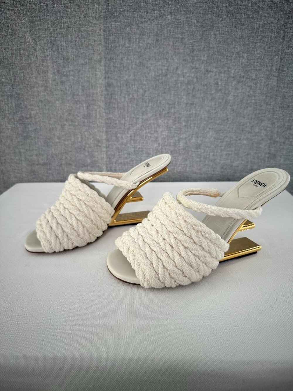 FENDI First Slide Sandal Woven Braided Cream Gold F Heel Mule EU 40 US 9